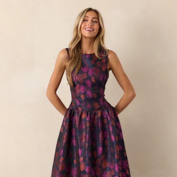 Red Dress Boutique Dresses & Skirts - Red Dress Windswept Garden Purple Floral Drop Waist Midi Dress Size SS / Multi